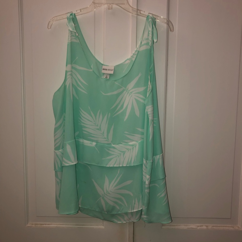 Mint colored tank with leafy/palm frond pattern.